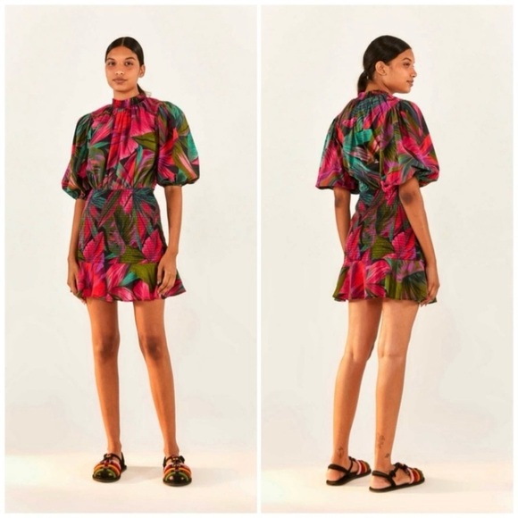 FARM Rio Dresses & Skirts - FARM Rio Midnight Leaves Mini Dress Women’s S Smocked Ruffle Puff Sleeve Cotton